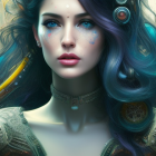 Fantasy digital art: Woman with dark blue hair and green eyes