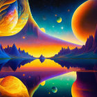 Colorful Cosmic Landscape with Planets, Lake Reflection, and Pine Trees