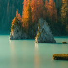 Mist-covered lake with autumn trees and person in boat