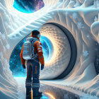 Astronaut in snowy landscape gazes at swirling galaxy through space portal