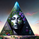 Illustration of cosmic face in ornate pyramid under starry sky