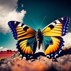 Silhouette of person between vibrant butterfly wings on beach at dusk