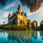 Fantasy landscape with ornate castle, vibrant flora, and tranquil water.