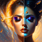 Split image of woman's face in warm and cool tones merging into vibrant colors.