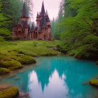 Vibrant surreal trees, blue lake, dreamlike castle in fantastical landscape