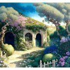 Colorful Artwork of Whimsical Landscape with Round Hilltop Door