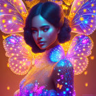 Woman with Blue and Orange Luminous Butterfly Wings Artwork