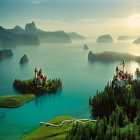 Serene lake with reflecting peaks and vibrant island at sunset