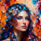 Vibrant cosmic digital art portrait of a woman with flowing hair and mystical elements