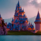 Whimsical purple castle illustration at twilight by serene lake