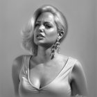 Monochromatic digital portrait of woman with voluminous hair and elegant accessories