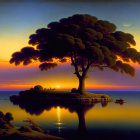 Stylized tree on island with lush foliage, reflecting in tranquil waters under sunset or sunrise sky with