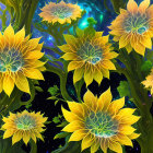 Colorful Floral Painting with Yellow and Blue Accents