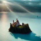 Tranquil painting: castle on island, boats on calm waters