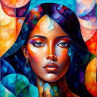 Colorful digital artwork: Woman's face merges with cosmic elements