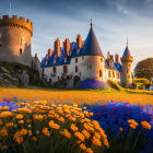 Castle with Pointed Roofs, Sunset Sky, Blue Flowers, Orange Fruit, Greenery