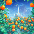 Colorful surreal landscape with orange orbs and green plant-like structures