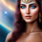 Surreal woman with long hair and ornate headpiece in fantastical sky