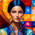 Colorful digital portrait: Woman with blue hair, geometric patterns, vivid mosaic style