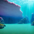 Underwater scene: large fish, coral, sunbeams