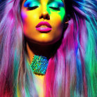 Colorful portrait of a woman with multicolored hair and neon makeup on vibrant backdrop