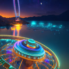 Futuristic sci-fi cityscape with flying vehicles and space elevator