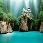 Serene turquoise waterfall with green pine trees and orange flowers