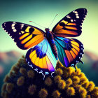 Colorful Butterfly Resting on Flowers with Raindrops and Blue Ambiance