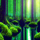 Moss-Covered Stone Platforms in Enchanting Forest Scene