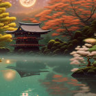 Moonlit pagoda and colorful trees reflected in calm lake