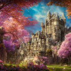 Castle surrounded by pink trees, green hills, and misty mountains