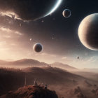 Sci-fi landscape with ships, mountains, planets, and dramatic sky