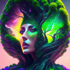 Colorful Artwork: Woman with Tree Features, Butterfly Motif