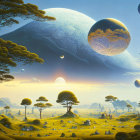 Fantastical Landscape with Yellow Mushroom Trees and Celestial Bodies