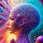 Colorful surreal digital art of woman with butterflies and fantasy flora