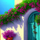 Colorful flowers adorn arched window of gothic building with stained glass