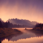 Futuristic flying vehicles over serene lake at dusk