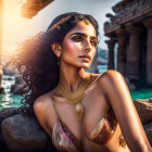 Colorful woman with gold jewelry in celestial setting