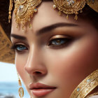 Detailed Close-Up of Woman's Face with Golden Headdress and Striking Blue Eyes