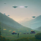 Futuristic landscape with flying saucers, rocket, and domes in forested mountains at