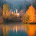 Autumnal scene: reflective lake, castle, vibrant trees, hazy sky