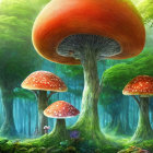 Fantastical landscape with oversized mushrooms, ancient ruins, lush greenery, mist, and creatures.