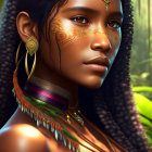 Colorful digital artwork: Woman with butterfly and floral face paint, tropical backdrop