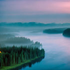 Tranquil Misty Landscape with Pink Sky and Calm Lake