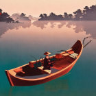 Serene red boat on calm lake with Asian buildings and misty mountains