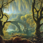 Enchanting forest scene with ancient trees and misty castle