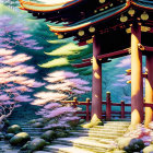 Colorful Fantasy Landscape with Oversized Mushrooms, Pagoda, Flowers, and Floating Balloons