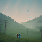 Tranquil landscape with rolling hills, tree, futuristic pod, and floating orbs at dawn