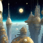 Futuristic desert cityscape with floating spheres and starlit sky