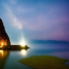 Tranquil lakeside sunrise with mist, colorful sky, birds, and tree reflections